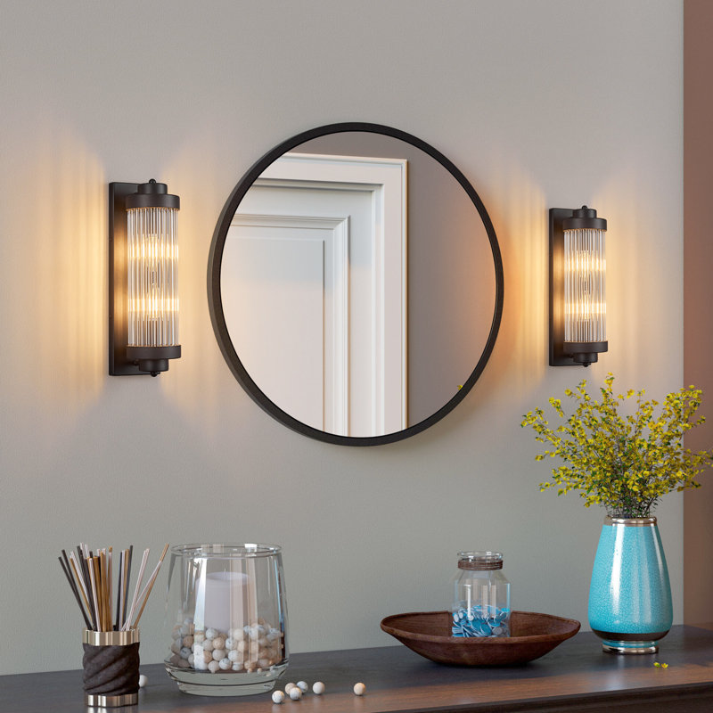 Modern Ribbed Glass Rod Cylindrical Wall Sconce (Set of 2), Matte Black, 15.74"H x 4.33"W x 5.51"D