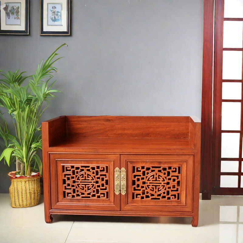 Simplified New Chinese Style Shoe Changing Stool 8 Pair Solid Wood Shoe Storage Bench