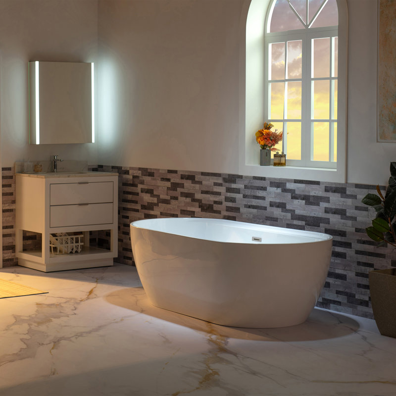 59" x 31.5" Freestanding Acrylic Double Ended Bathtub with Wide Rim, - Available in Glossy White/Black, with 5 Finish Options for Trim