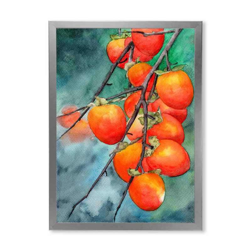 Ripe Persimmons on Branches on Green - peinture sur toile, Cadre photo argenté, H 32 po x l 16 po x P 1 po