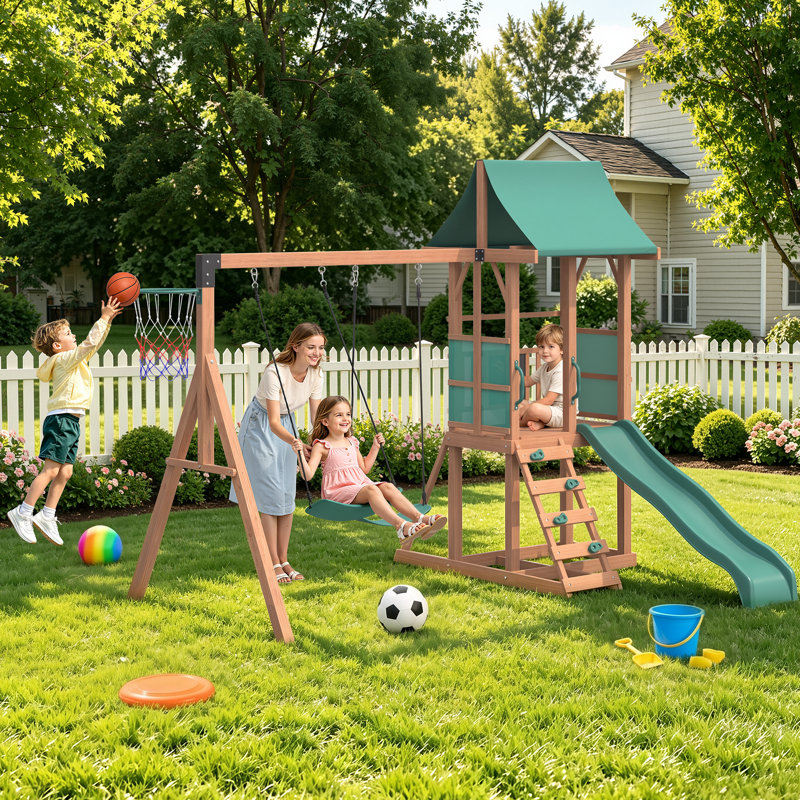 Bezseller Wooden Swing Set for Backyard, 6-in-1 Playground Sets with Wave Slide, Play Deck, Rock Wall Ladder, Chalkboard, 2 Belt Swings & Basketball Hoop Outdoor Playset