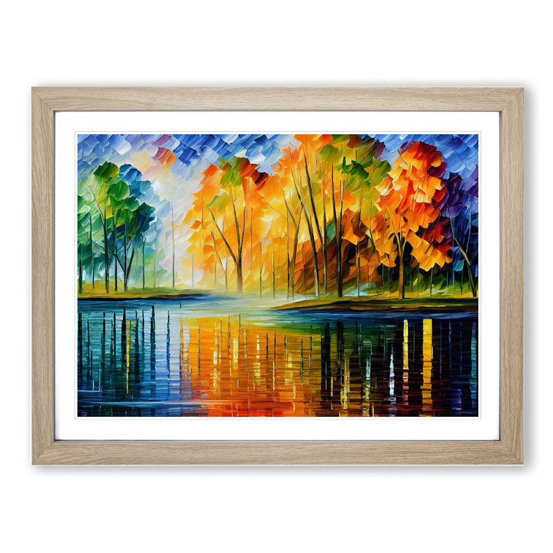 Pond By An Autumn Forest Abstract - Single Picture Frame Painting, 46cm H x 64cm W x 2cm D, Oak