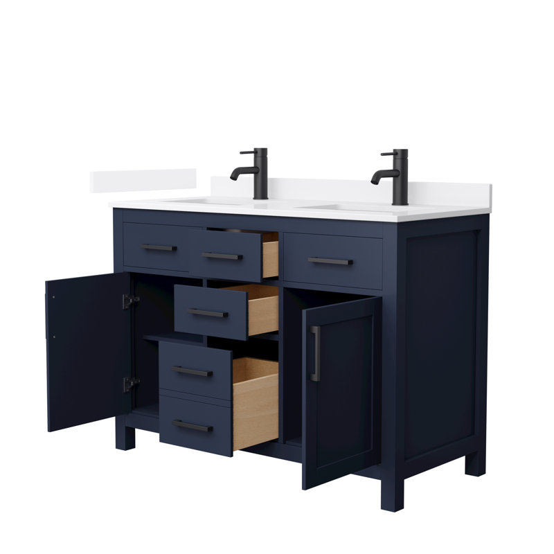Beckett 48" Freestanding Double Bathroom Vanity with Quartz Top, Dark Blue, White Quartz, Matte Black