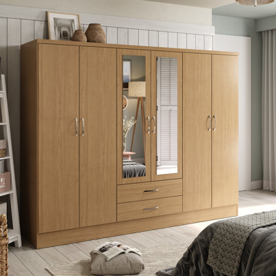 Gaytes Modern 6-Door Wardrobe 72.12'' H - 90.7'' W Armoire Bedroom Clothing Cabinet with 2 Lower Storage Drawers and 2 Mirrors High Gloss Finish