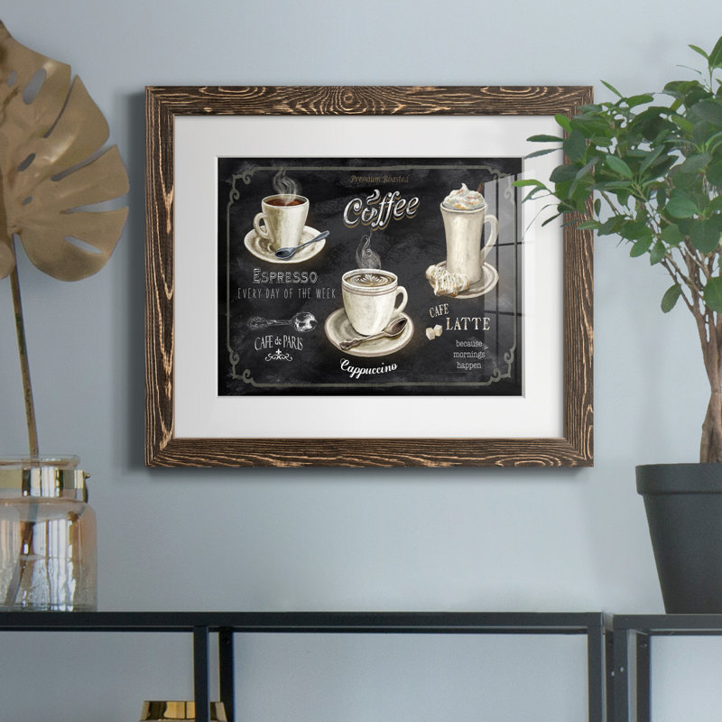 Coffee Trio - Reproduction d'art graphique sur papier encadré, Encadré de bois de noyer, H 20 po x l 17 po x P 1,5 po