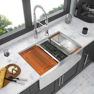 Double Bowl(50/50) Farmhouse Sink Workstation - 33 Inch Kitchen Sink Stainless Steel 16 Gauge Apron Front Kitchen Sink
