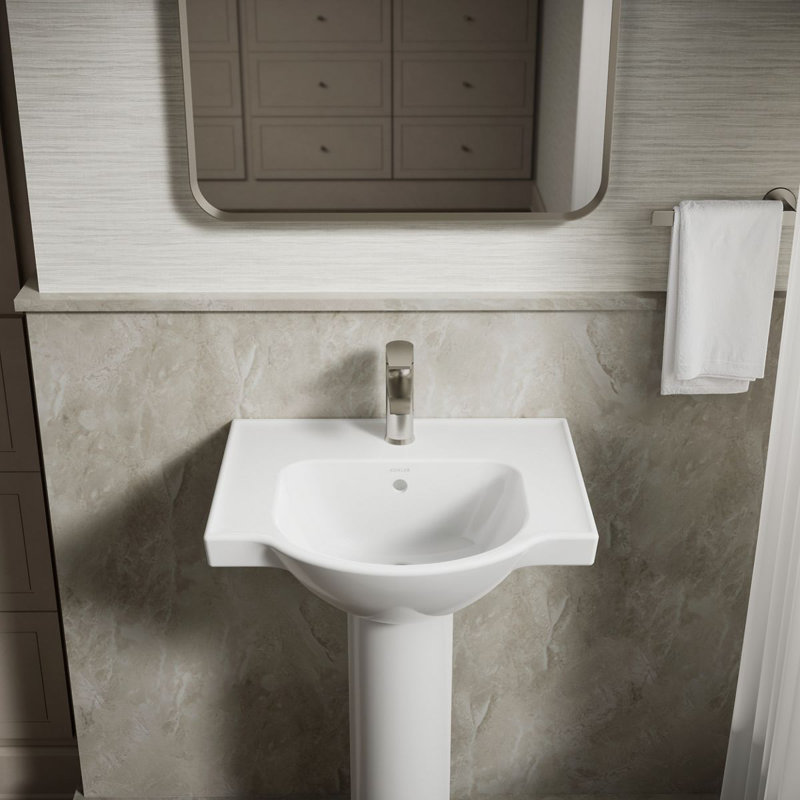 Veer Ceramic Pedestal Bathroom Sink with Overflow, White, Single, 7.99" H x 24" L x 18.25" W