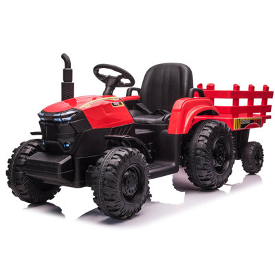Tracteur électrique 12V pour enfants avec deux moteurs 35 W, remorque amovible, lumières DEL et entrée MP3