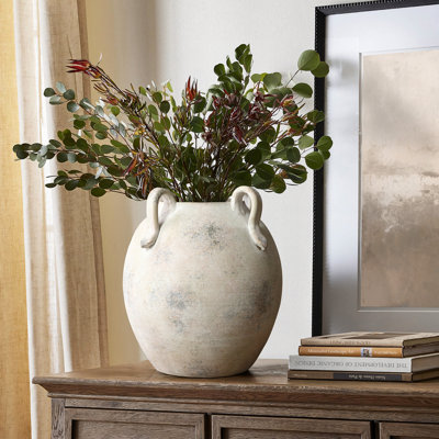 Vintage Mutli-Colour Grey and White Terracotta 11-Inch Round Amphora Vase with Handles
