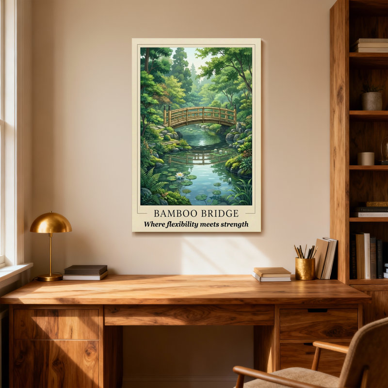 Paysage et nature, pont en bambou, scène de jardin avec étang à nénuphars, H 30 po x l 20 po