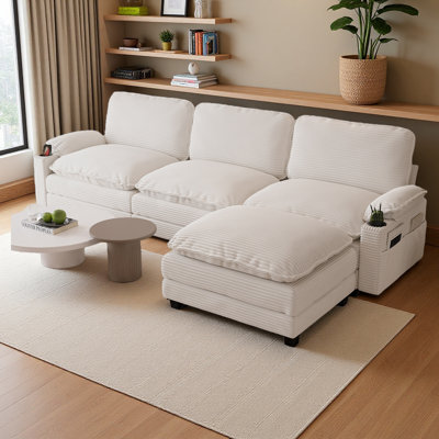 113" Modern 3+1 L-Shaped Corduroy Fabric Sofa,Modular Sectional Cloud Couch W/Ottoman,35D High-Resilience Sponge