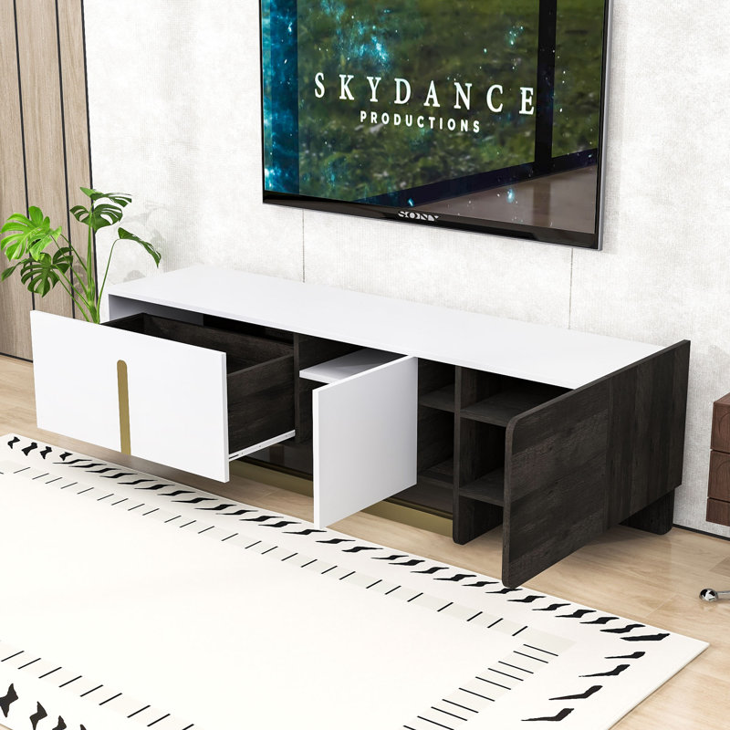 TV Stand with 1 Drawer, 2 Cabinets, Adjustable Shelves and Metal Legs, White