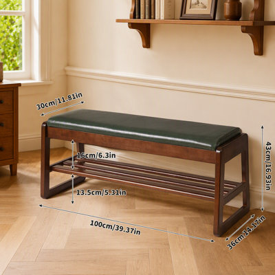 Banc de rangement pour chaussures en bois 39,37 pouces avec siège en cuir végétalien de qualité supérieure, tablettes de rangement ouvertes à plusieurs niveaux pour souliers à chaussures, étagère à chaussures robuste pour chambre d'entrée