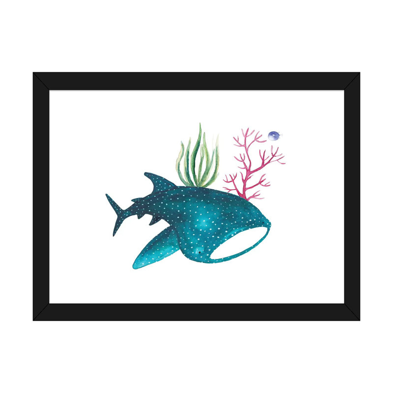 " Whale Shark With Corals ", 24" H x 32" W x 1" D, Black Framed Paper, White