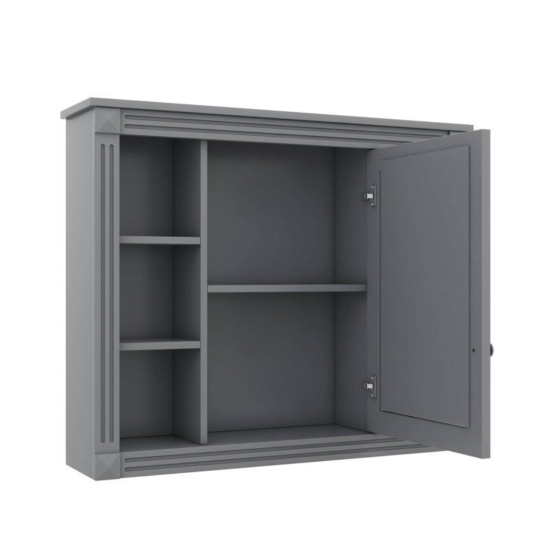 Armoire de salle de bain murale 35 po x 28 po avec miroir, comprenant 6 tablettes ouvertes, Gris