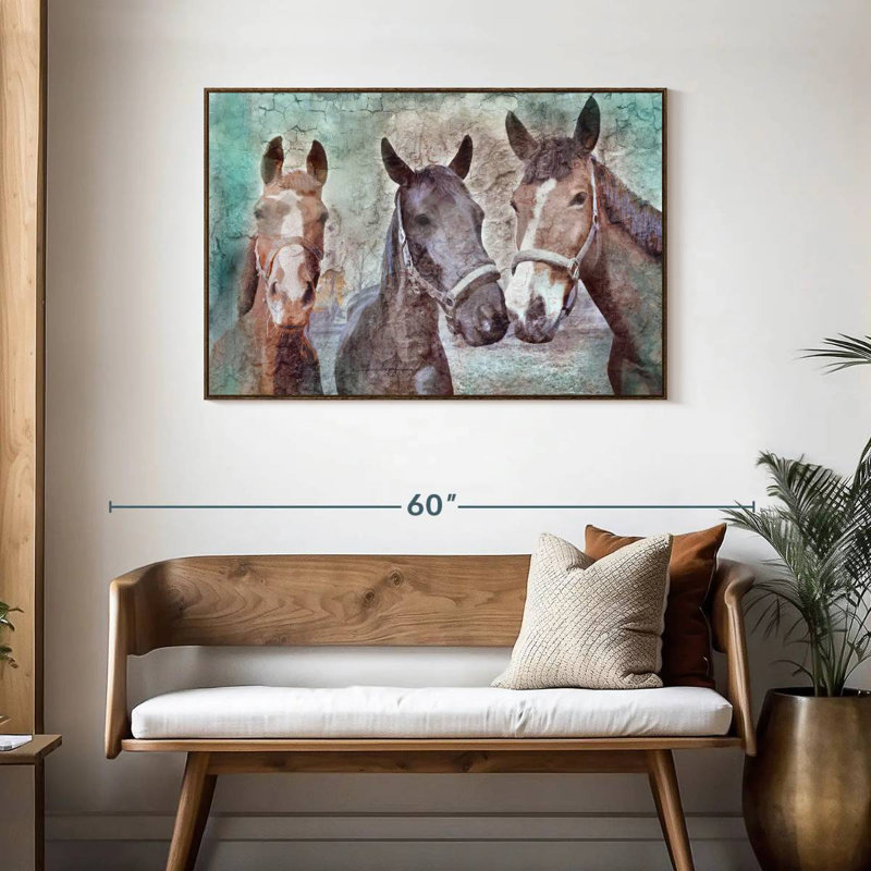 Trois chevaux voisins, Cadre flottant noyer, 43 po x 29 po