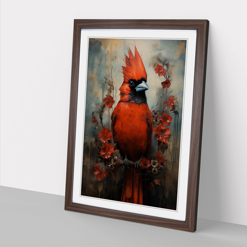 Cardinal Bird Expressionism - Single Picture Frame Print on Wood, 46cm H x 34cm W x 2cm D, Walnut Framed