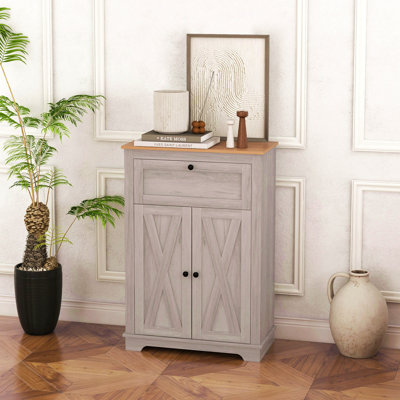 Armoire grise. Avec portes doubles, tiroir et tablette réglable. Pour la chambre à coucher et le salon. Vaste espace de rangement. Pourboires. Fabriqué en panneau de particules. Armoire rétro - l 23,5 po x P 11,75 po x H 34,5 po