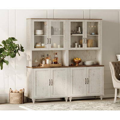 Corretta Sideboard Cabinet With Glass Doors & Bar Hutch, Buffet Cabinet With Wood Cabinet Storage, Rustic White, 68''