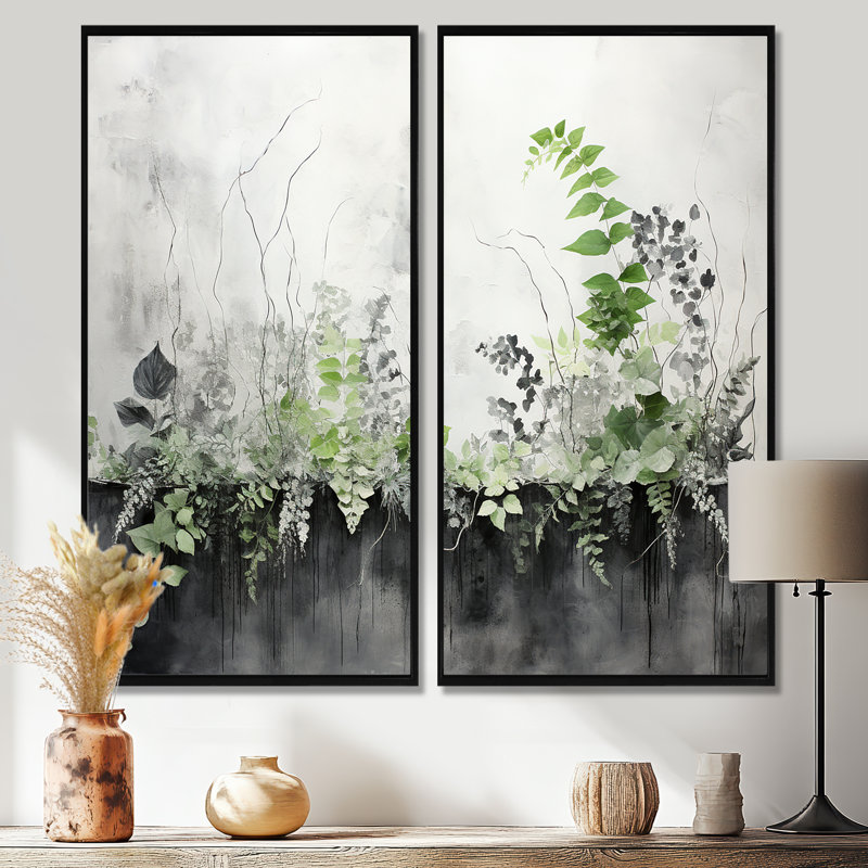 Minimalisme vert botanique sérénité - art mural vert, H 32 po x l 32 po, Impression encadrée flottante, Noir