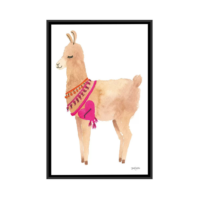 « la la llama iv », impression sur toile tendue, H 26 po x l 18 po x P 1,5 po, Toile avec cadre noir, Pas de tapis