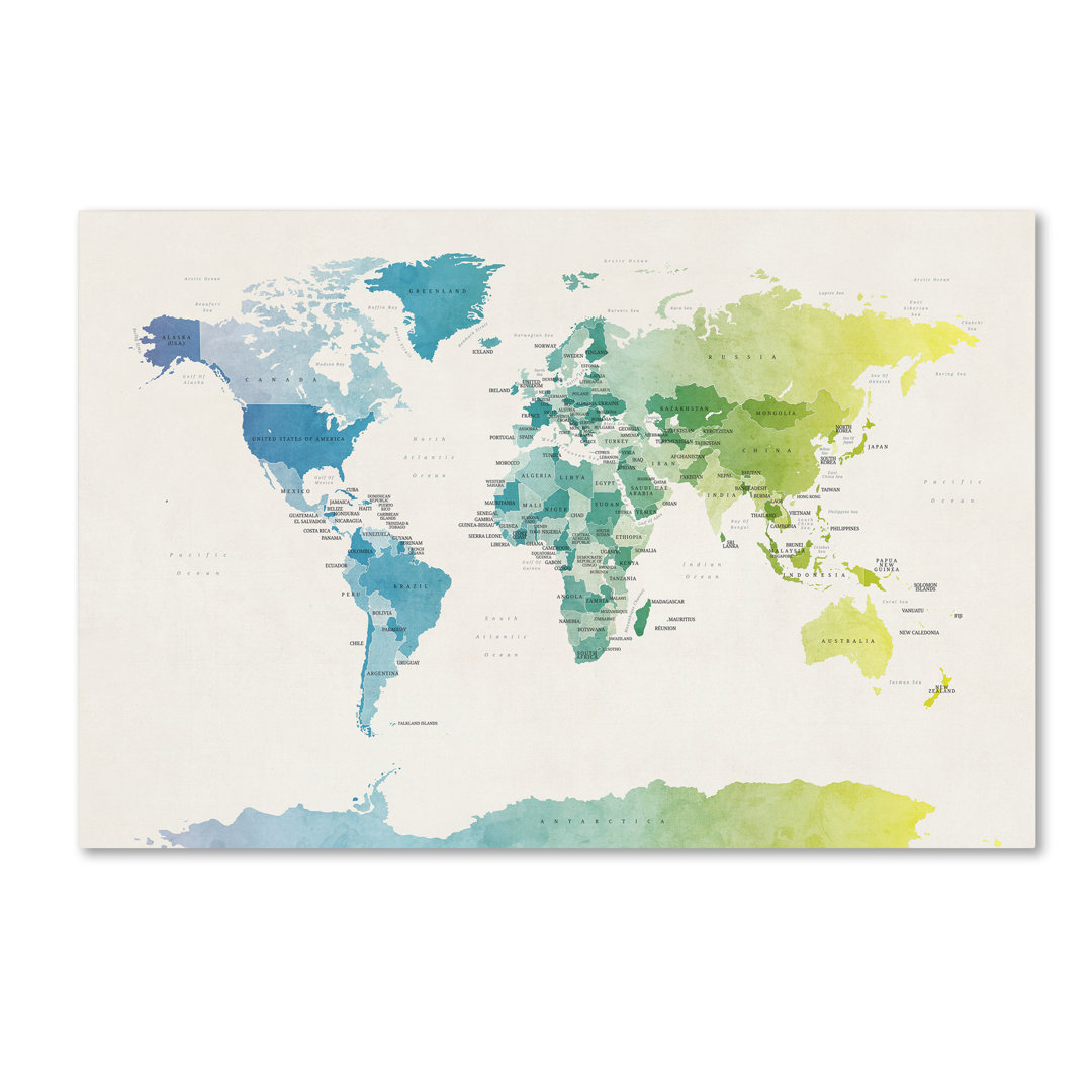 " Watercolour Political Map Of The World 2 " by Michael Tompsett Trademark Fine Art 