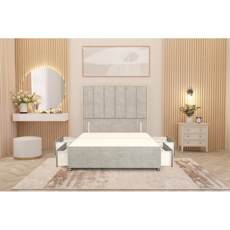 Asterin Divan Bed Base with 54" Floor Standing Headboard Plush Velvet, Silver, Kingsize (5'), 4 Drawers