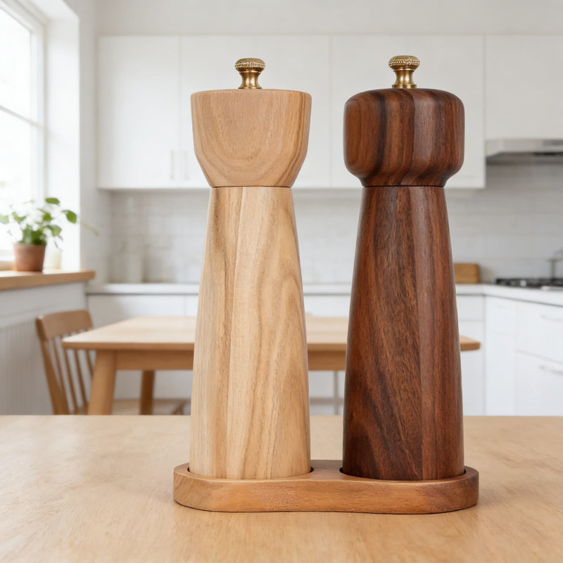 Ensemble de moulins à sel et à poivre en bois d'acacia avec plateau, moulins réglables en céramique et en acier inoxydable pour les épices fraîchement moulues