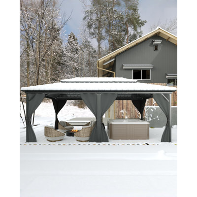 12x20 ft Hardtop Gazebo with Double Metal Roof, Aluminum Frame Patio Shelter with Curtains & Netting for Backyard, Gray