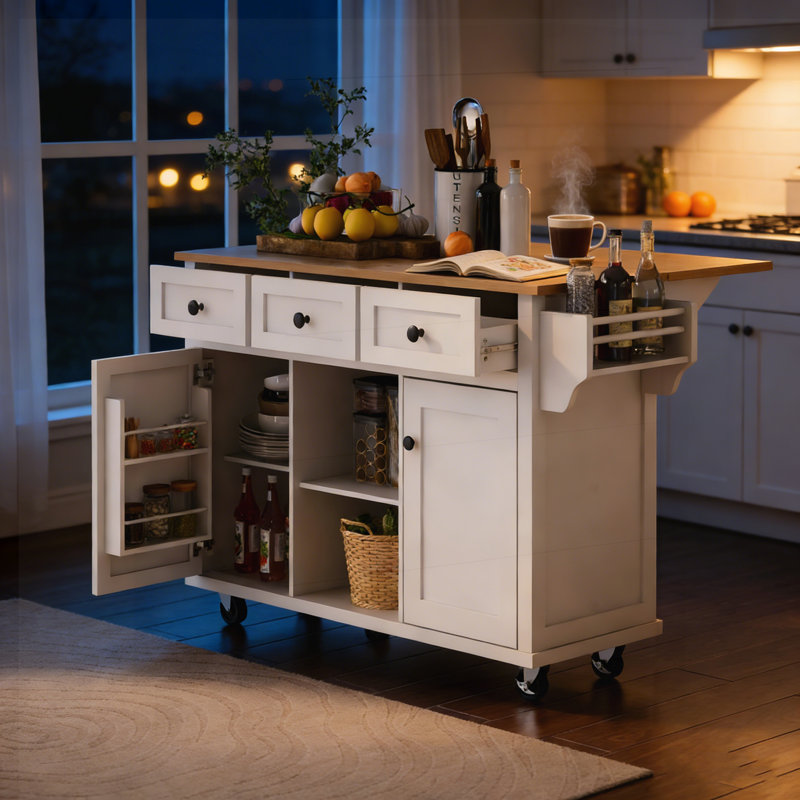 Chariot de cuisine polyvalent avec comptoir rabattable, rangement réglable et deux options de mobilité pour les maisons modernes.