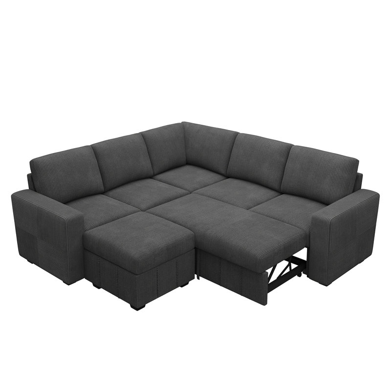 Canapé-lit modulaire avec repose-pieds Abramson, Velours côtelé gris