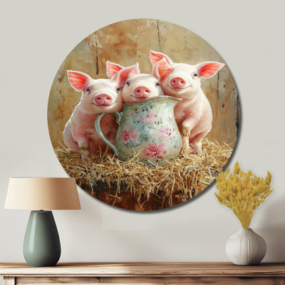 Portrait de lait et de cochons à la grange I - impression murale moderne en métal rose