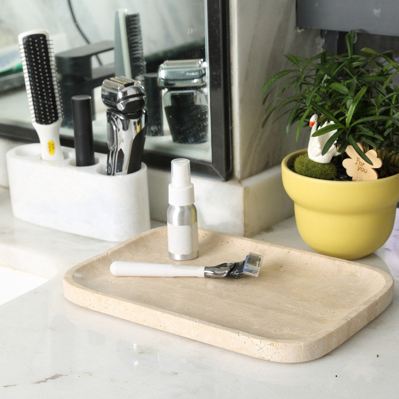 Guein Rectangle Natural Marble Tray,Travertino Romano