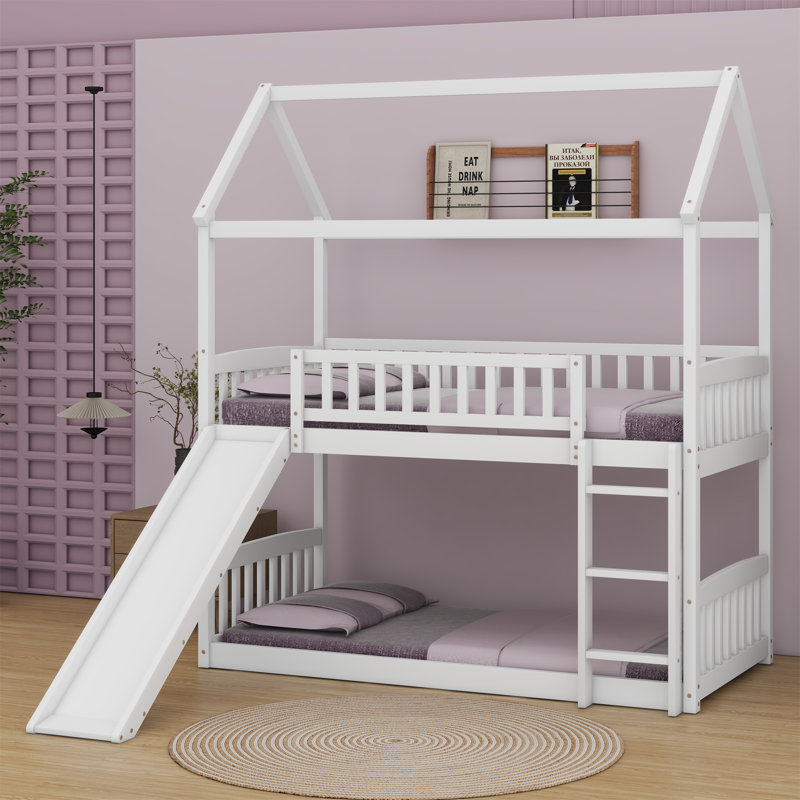 House Bunk Bed With Slide, White