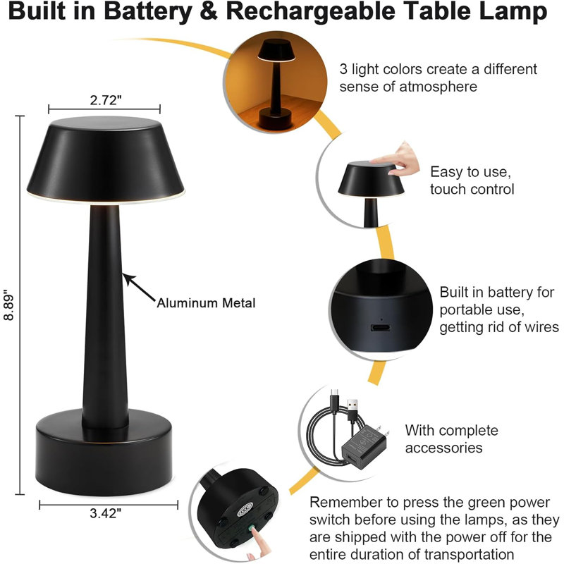Portable Cordless 3-Way Dimmable Touch Table Lamps, Rechargeable Battery-Operated LED Metal Night Light [2 Pack]