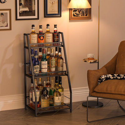 3-Tier Trapezoid Liquor Stand For Home Bar, Stepped Wine Rack Freestanding Floor For Liquor Whiskey Wine, Versatile Corner Wine Bottle Display Stand With Fences, Vintage Brown（Patent Pending）