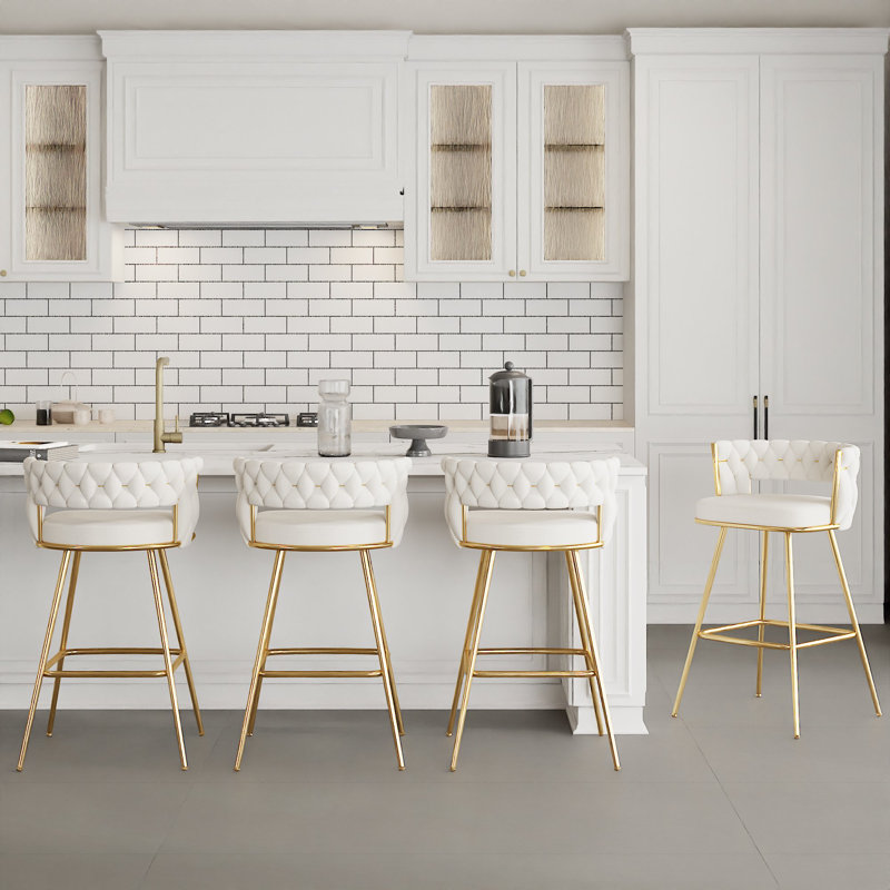 Bar Stools Set Of 4 Counter Height Velvet Upholstered Morden Barstools With High Backs 4 Metal Legs Chair For Kitchen Island Dining Room Bar