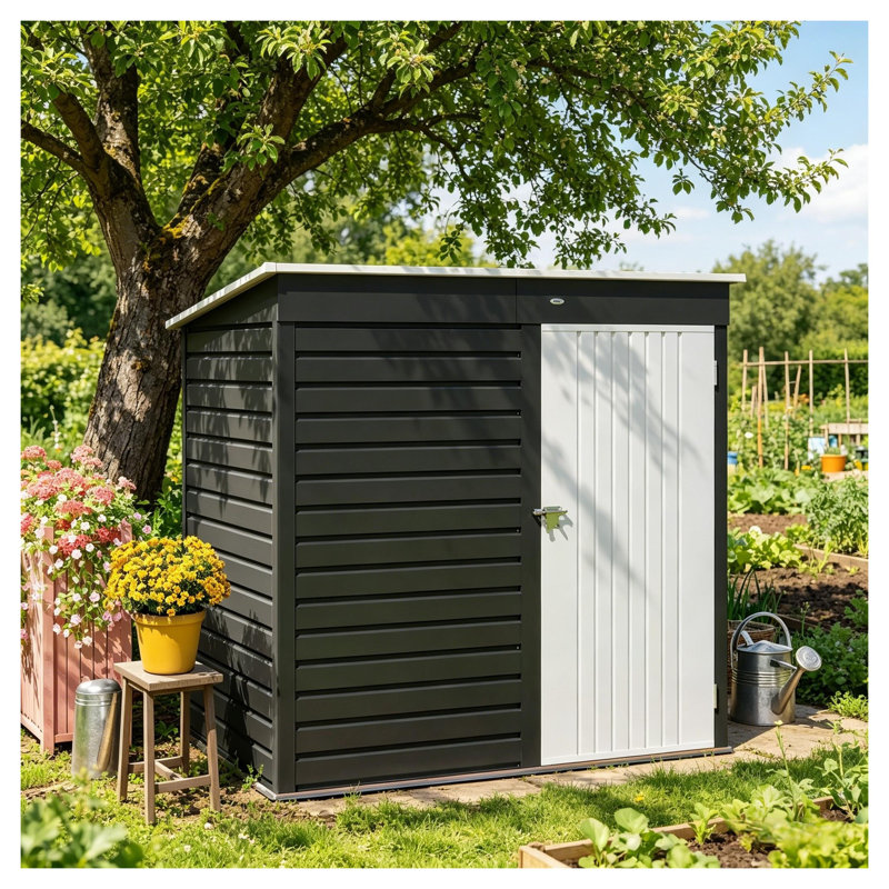 Horizontal Metal Garden Shed with Lockable Door, Gray Outdoor Storage Unit for Lawn Equipment and Tools