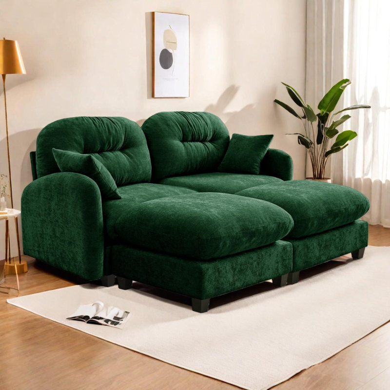 Canapé modulaire en chenille avec repose-pieds, dossier capitonné, coussins décoratifs et coussins en mousse haute densité
