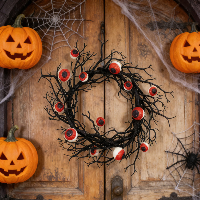 Couronne d'Halloween 18 po pour porte de globe oculaire noire avec lumières DEL et couronne décorative pour fenêtre