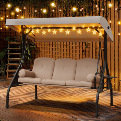 3-Seat Patio Porch Swing with Adjustable Canopy, 2 in 1 Outdoor Swing Bed Convertible Swing Chair with Thick Cushions, Side Trays