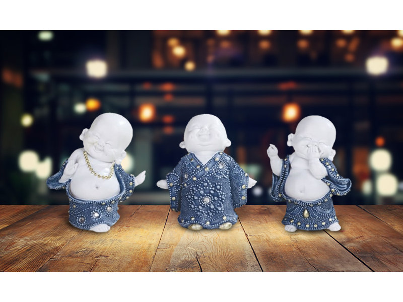 Figurine de petit moine de 4,25 po bleu et blanc 3 pièces