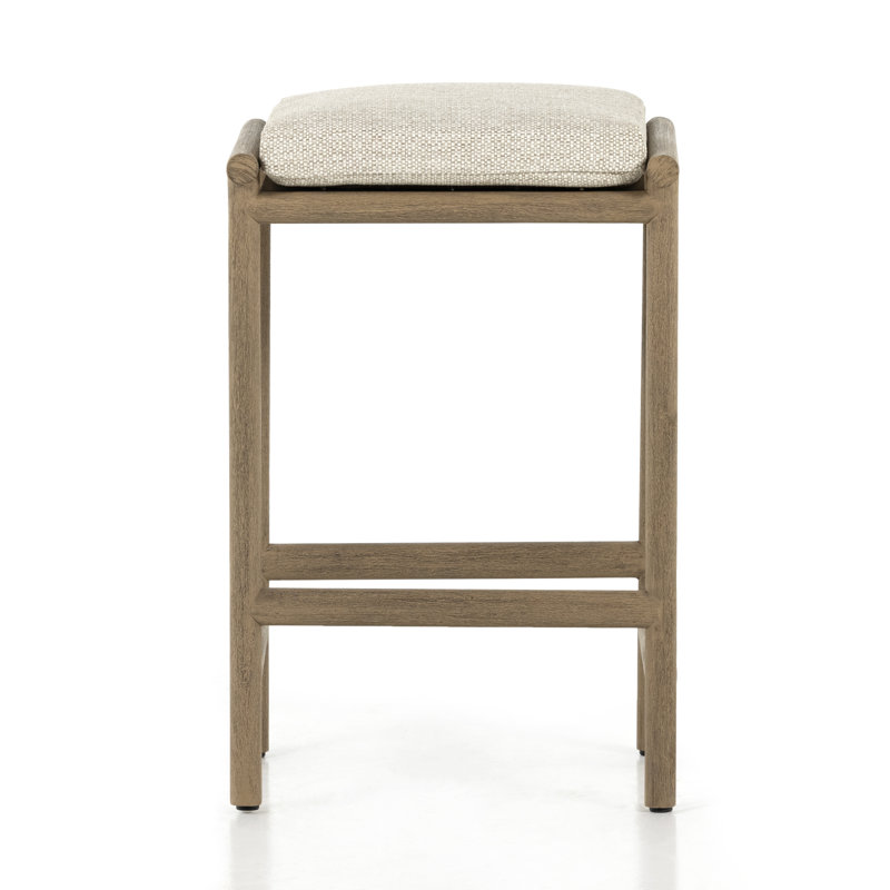 Morene Teak Backless Outdoor Bar Stool with Cushion, Counter Stool (26.46” Seat Height)