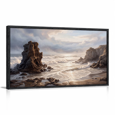 Dark Rock Cliffs On Sandy Beach With Crashing Ocean Waves Canvas Wall Art