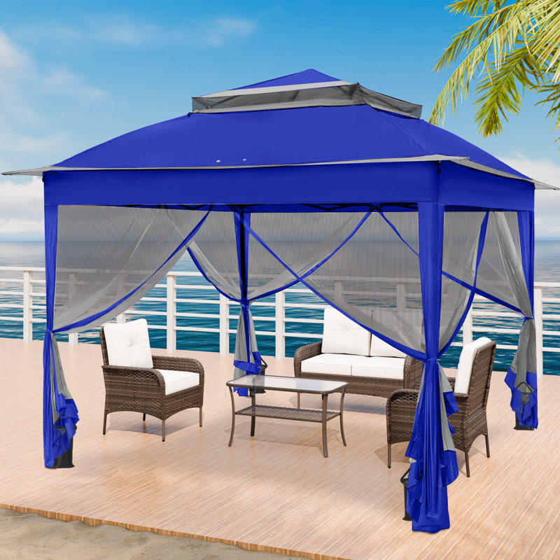 11 Ft. W x 11 Ft. D Outdoor Pop Up Soft Top Steel Patio Gazebo with Netting, Blue/Gray