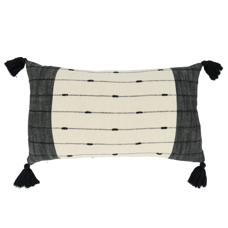 Black and Beige Cotton Tassel Trim Lumbar Throw Pillow
