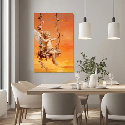 2D Flat, 1Pc Framed Canvas Wall Art, Cupid, Rose Vine Swing, Romantic Neoclassicism Art Print Canvas Poster Painting Room Wall Decor, Ideal Gift For Valentine's Day, Ready To Hang