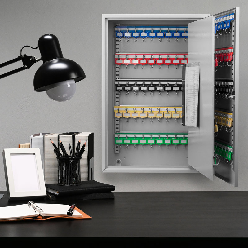 150 Key Adjustable Steel Holder With Lock, Gray, Wall Mount For Organized Keys Gray 150 Bin Efficient Organization