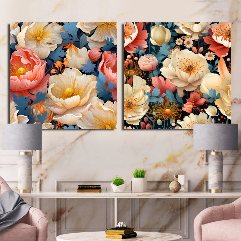 Chevery - Ensemble de 2 collages carrés floraux, Toile tendue, H 30 po x l 61 po