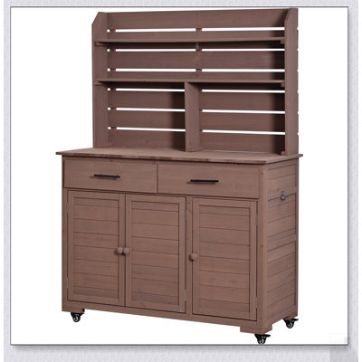 Grand banc de jardinage 65 po avec roues verrouillables, armoire de rangement et tablettes amovibles pour la préparation de la cuisine extérieure